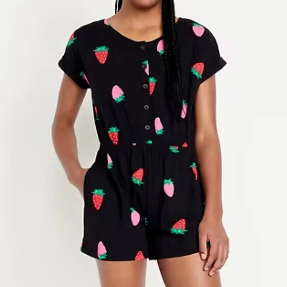 Old Navy Printed Short-Sleeve Button-Front Strawberry Print Romper for Girls